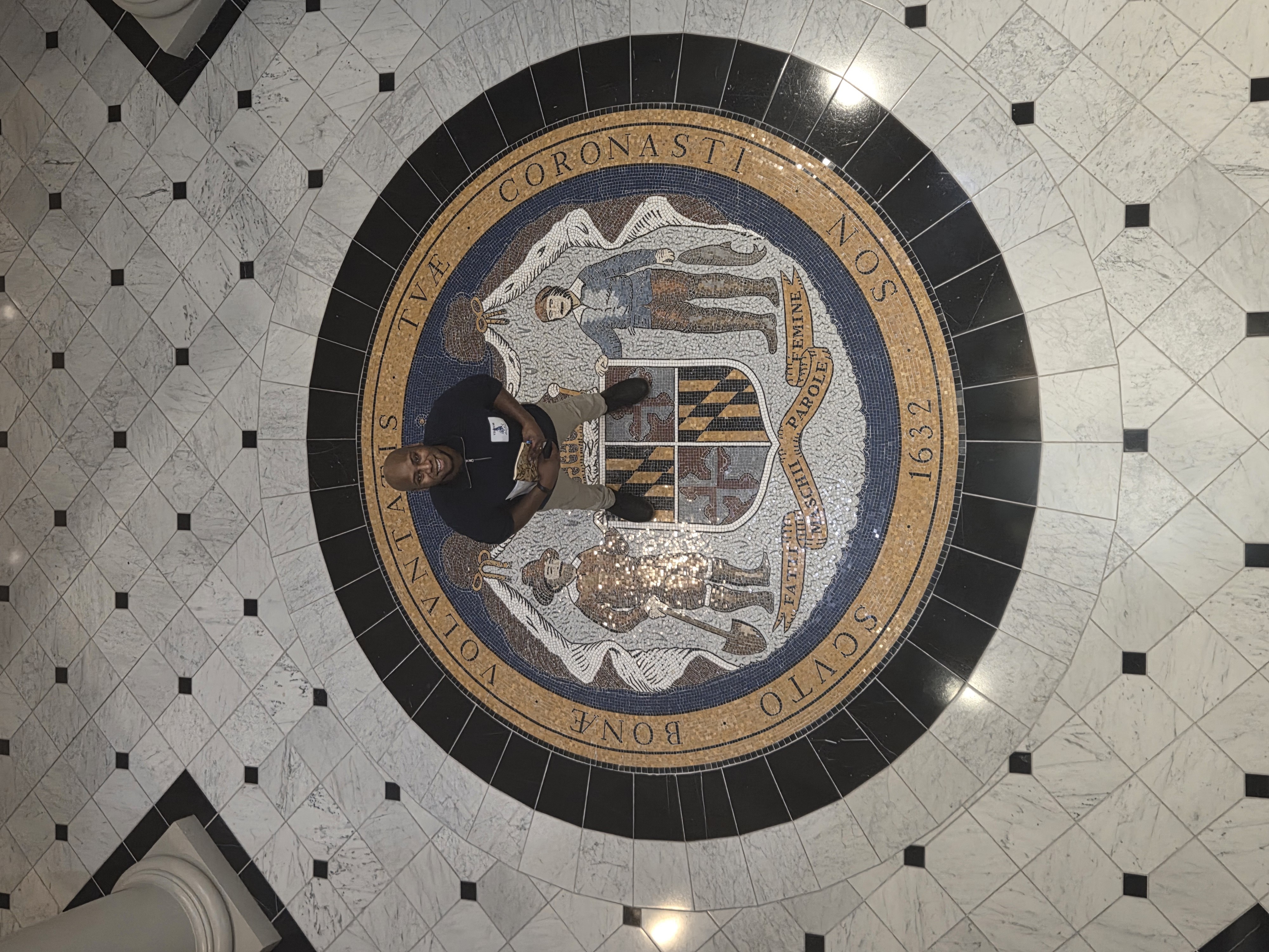 Manny McDaniel at the Maryland State House on the state seal, in Annapolis for meetings with legislators on urban farming tax incentives